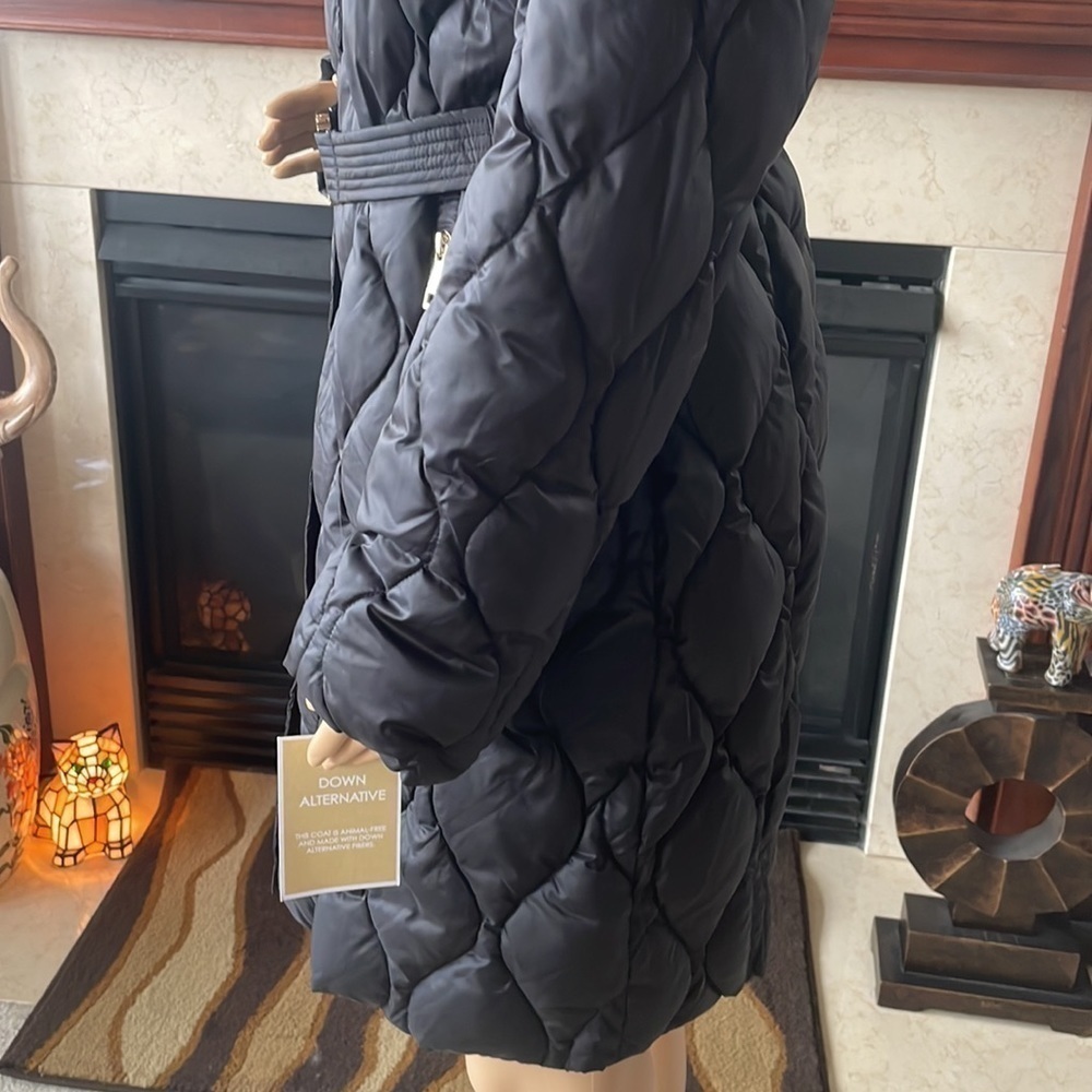 Brand New Michael Kors Black Down Alternative Zippered Faux Fur Hooded Belt Coat - Picture 10 of 16